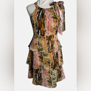 BCBGMAXAZRIA Multicolored Layered Ruffle Sleeveless Bow Dress, S